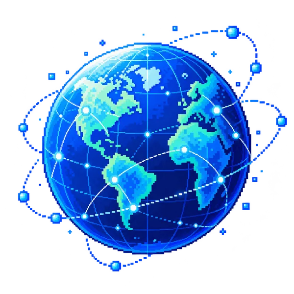 Pixel-art icon of a blue networked globe representing ecosystem-wide activity.