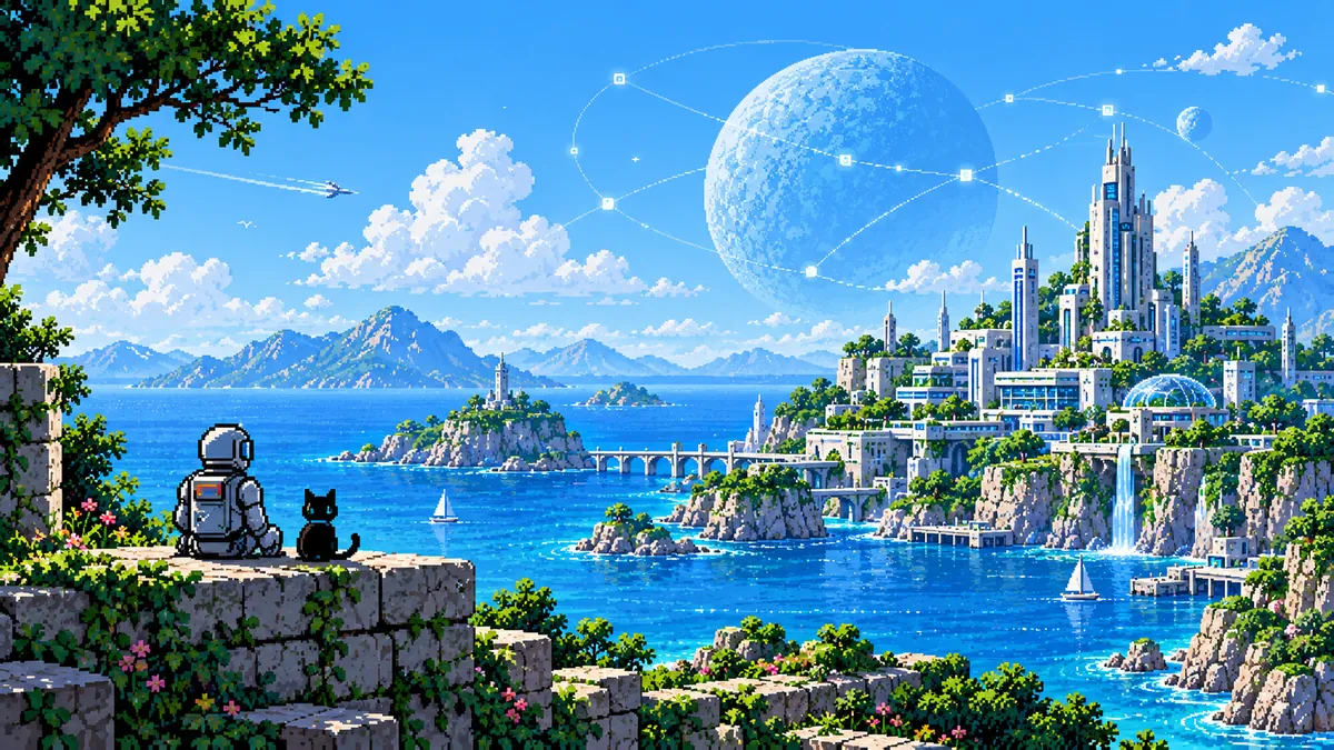 Pixel-art illustration of an astronaut and a black cat overlooking a coastal futuristic city, representing the Cardano ecosystem INDEX:80 maps.